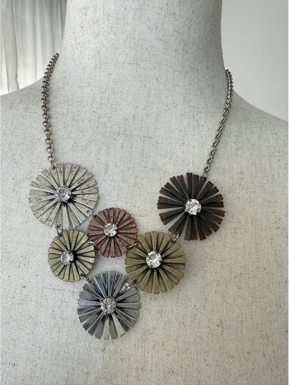 Mixed Metal Flower Rhinestone Statement Necklace Steampunk Jewelry